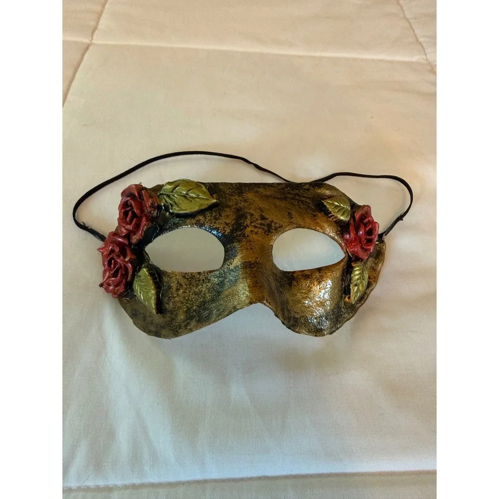 Gold Masquerade Mask with Red Roses Venetian Floral Eye Mask Costume